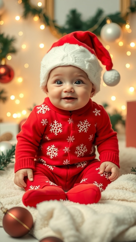 A 3-month-old baby in a red Christmas outfit with snowflakes, sitting on a blanket with holiday decorations.